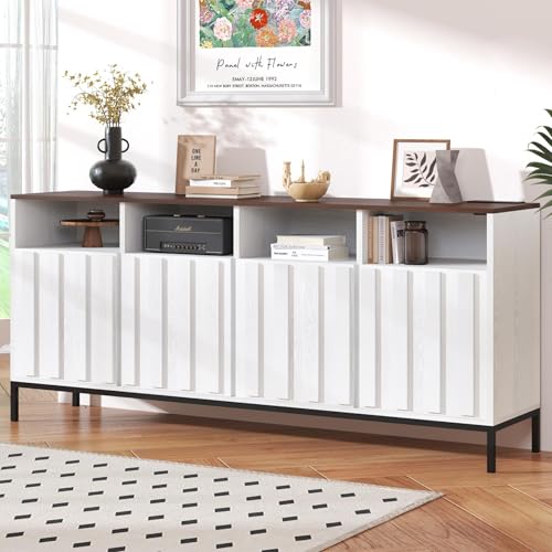 COCO DESIGN 70" Large Buffet Sideboard Cabinet with Power Outlets & Adjustable Shelves, Modern Farmhouse Accent Storage Credenza Console for Kitchen, Living Room, White