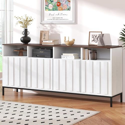COCO DESIGN 70" Large Buffet Sideboard Cabinet with Power Outlets & Adjustable Shelves, Modern Farmhouse Accent Storage Credenza Console for Kitchen, Living Room, White
