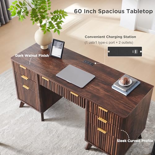 60" Modern Fluted Executive Desk with Drawers, Dark Walnut, view 6