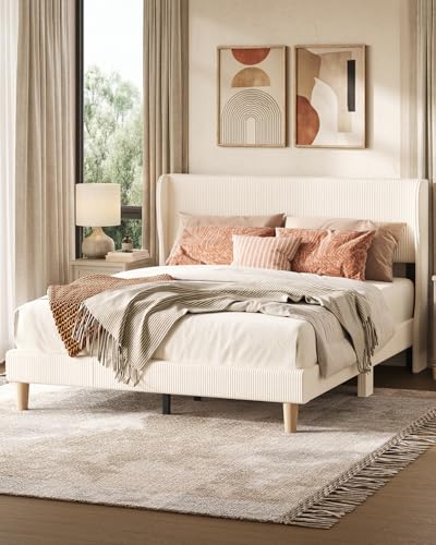 Queen Bed Frame with Wingback Headboard,Upholstered,Beige, view 2