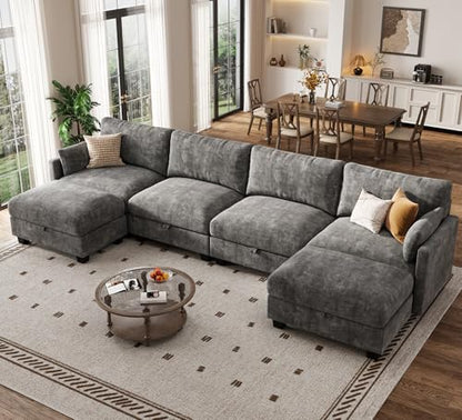 Modular Sectional U Shaped Sofa Couches for Living Room, Cloud Couch with Storage Ottoman, Comfy Chenille Sofa with Pillow, Dark Gray