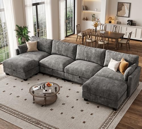 Modular Sectional U Shaped Sofa Couches for Living Room, Cloud Couch with Storage Ottoman, Comfy Chenille Sofa with Pillow, Dark Gray