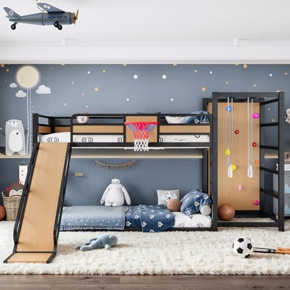 JIVOIT Twin XL Size Metal Loft Bed, Multi-Functional Design Loft Bed Frame with Basketball Hoop, Pull-Up Rings, Climbing Wall, Built-in Bookshelves, a Slide, Space-Saving Design, No Box Spring Needed