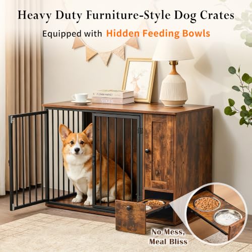 43.3" Dog Crate Furniture with Feeding Station for Small/Medium Dogs, view 3