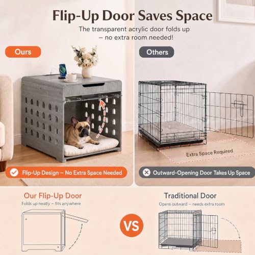 Modern Dog Crate Furniture Wooden Kennel Charging Station End Table Grey, view 5