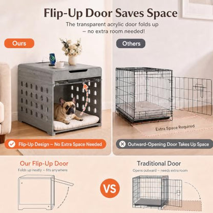 Modern Dog Crate Furniture Wooden Kennel Charging Station End Table Grey, view 5