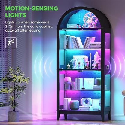 Arched Display Case with RGB Lights, 69" Tall 5-Tier Tempered Glass Display Cabinet with Doors, LED Curio Cabinet with Shelf, Bookcase with Music-Synced Lighting for Living Room (Black)