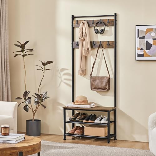 3-in-1 Hall Tree with Bench, Shoe Rack for Mudroom, Rustic Brown, view 5