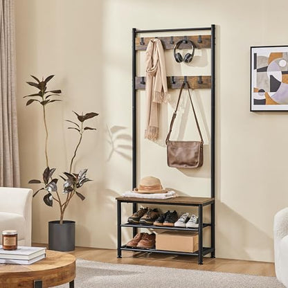 3-in-1 Hall Tree with Bench, Shoe Rack for Mudroom, Rustic Brown, view 5