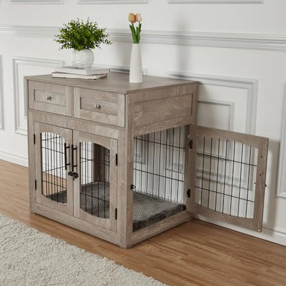Dog Crate Furniture with Cushion,Wooden Dog Kennels Indoor with 2 Drawers, view 4