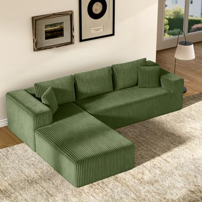 106" Modular Sectional Sofa, Green Corduroy Cloud Couch with Right Chaise, Deep Seat Boneless Floor Sofa for Living Room, High-Resilience Foam Support, No Assembly Required, Includes Pillows | Sectional Sofa