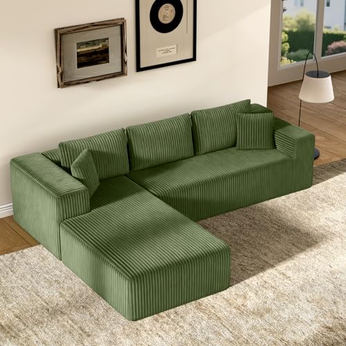 106" Modular Sectional Sofa, Green Corduroy Cloud Couch with Right Chaise, Deep Seat Boneless Floor Sofa for Living Room, High-Resilience Foam Support, No Assembly Required, Includes Pillows | Sectional Sofa
