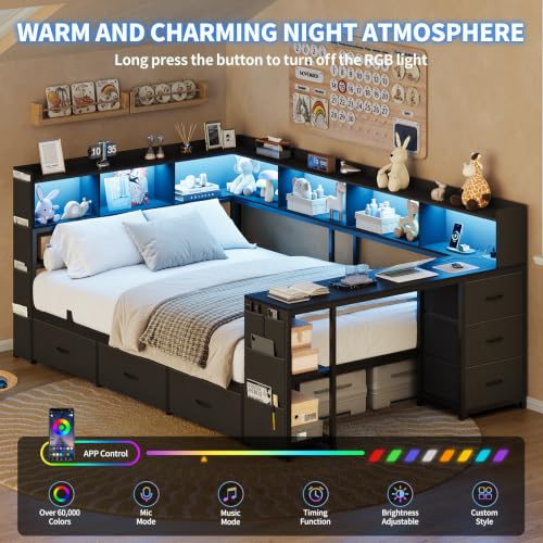 Full Corner Bed Frame with Bookcase Headboard and Hidden Storage, Black, view 4