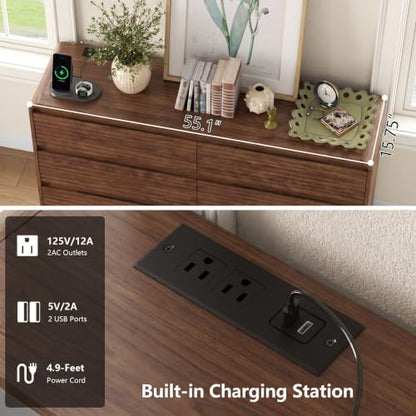 55" W Walnut Fluted 6-Drawer Dresser for Bedroom w/Power Outlet, view 5