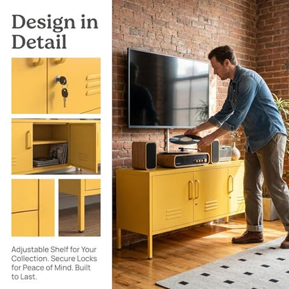 Yellow 3-Door Lockable Metal TV Stand Storage Cabinet with Storage Locker, view 5