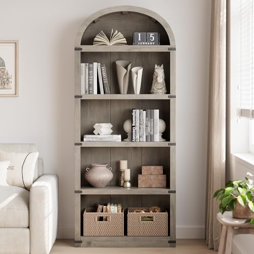 Bookcase 5 Shelf Arched Bookshelf 71.65 in Tall Bookcase Farmhouse Display, view 4