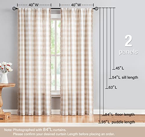 Pompom Buffalo Check Curtains Taupe and White Plaid Window Treatment Set 95 inch Rustic Farmhouse Curtain Drapes for Living Room Bedroom Kids Dorm 2pcs Rod Pocket