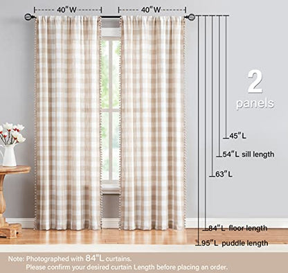 Pompom Buffalo Check Curtains Taupe and White Plaid Window Treatment Set 95 inch Rustic Farmhouse Curtain Drapes for Living Room Bedroom Kids Dorm 2pcs Rod Pocket