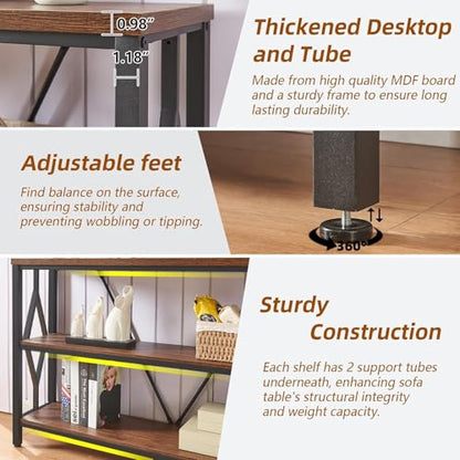 Sofa Console Table, Rustic Console Table with 3-Tier Storage, Engineered Wood Sofa Tables with Open Shelves, Heavy Duty Entryway Tables for Living Room, Hallway (47 Inch, Rustic Brown)