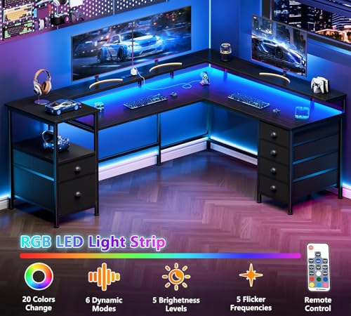 66" Reversible L Shaped Gaming Desk with 6 Drawers & Printer Storage Shelves, Corner Computer Desk with Power Outlets & LED Lights, Home Office Table with Monitor Stand, Black