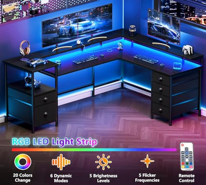 66" Reversible L Shaped Gaming Desk with 6 Drawers & Printer Storage Shelves, Corner Computer Desk with Power Outlets & LED Lights, Home Office Table with Monitor Stand, Black