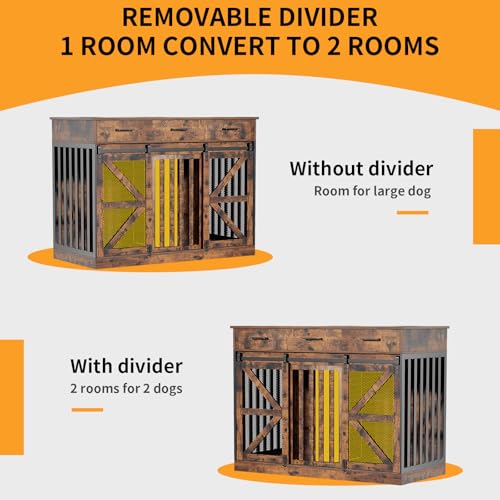 48 Inch Large Dog Crate Furniture with 3 Storage Drawers, Wooden Pet Kennel with Removable Divider, Dog Kennel End Table TV Stand, Farmhouse Style Dog Crates with Sliding Barn Door (Brown)