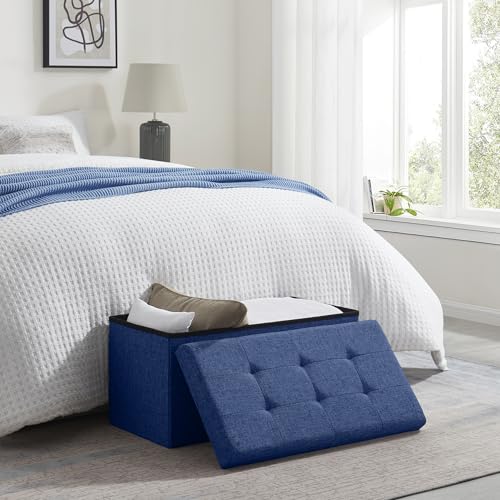 Folding Storage Ottoman, 30 Inch Large Storage Bench with Lid, Foot Rest Stool for Bedroom, Living Room, Entryway, Tufted Linen Upholstered - Navy Blue