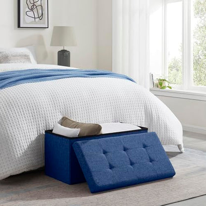 Folding Storage Ottoman, 30 Inch Large Storage Bench with Lid, Foot Rest Stool for Bedroom, Living Room, Entryway, Tufted Linen Upholstered - Navy Blue