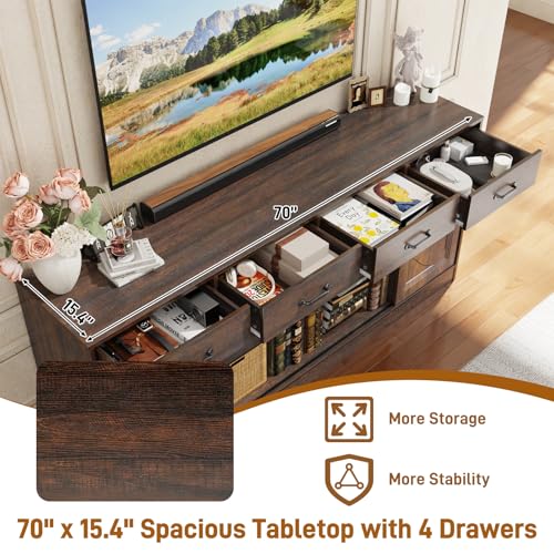 70" Large Farmhouse TV Stand for 85/80/75/70 Inch TVs w/4 Drawers,Rustic Tall Media Console w/Sliding Barn Door, Adjustable Shelves,Tall Entertainment Center for Living Room,Brown