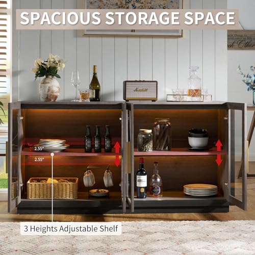 Sideboard Buffet Cabinet with Storage,64" Cabinet with Glass Door, Modern Wood Glass-Buffet Cabinet for Dinning Room,Kitchen, Hallway, and Living Room, Grey & Black