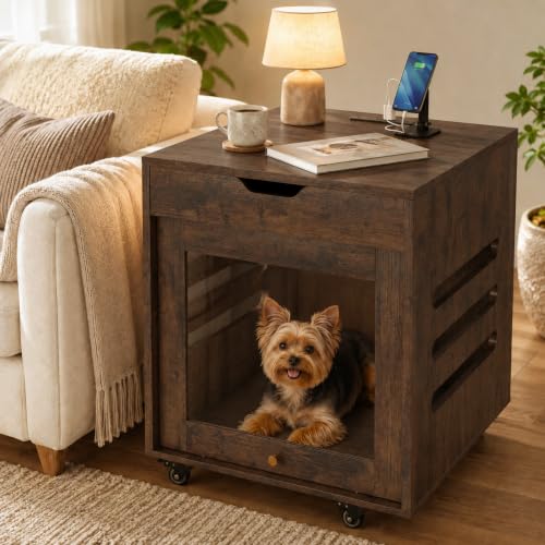 Small Dog Crate Furniture with Flip-Up Glass Door & Lockable Wheels, view 2