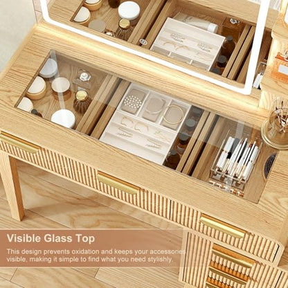 Glass Top Makeup Vanity with 3-Color LED Lighted Mirror & Power Strip, view 5