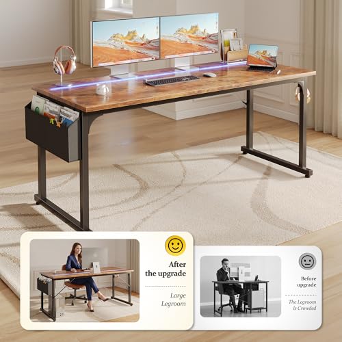 55" Office Desks with LED Lights,Gaming Writing Work from Home Study Desk with Storage Bag,Home Office Desk with Headphone Hook Sturdy Metal Frame, Rustic Brown