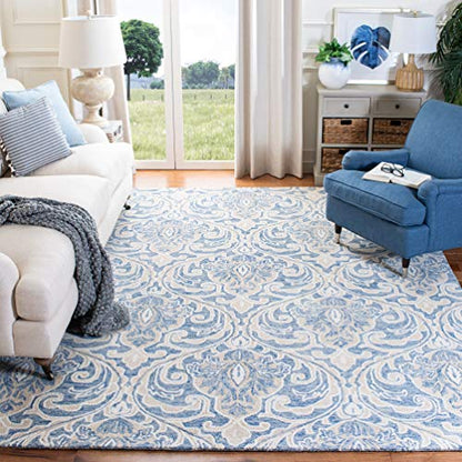 SAFAVIEH Micro-Loop Collection Area Rug - 5' Square, Blue & Ivory, Handmade Wool, Ideal for High Traffic Areas in Living Room, Bedroom (MLP532M)