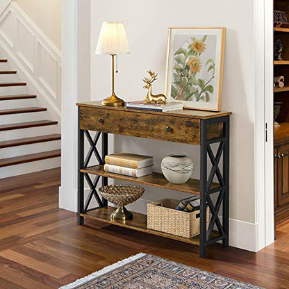 Yaheetech Console Table with Drawer, Sofa Table with Storage Shelves, 39.5 Inch Entryway Tables with Metal Frame, for Living Room, Entryway, Hallway, Rustic Brown