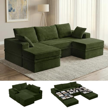 107" Modular Sectional Sofa with Storage, 5-Seater High Density Foam Boneless Couch with Ottoman, 27" Deep Corduroy Oversized Cloud Couch for Living Room, Tool-Free Assembly, Olive Green