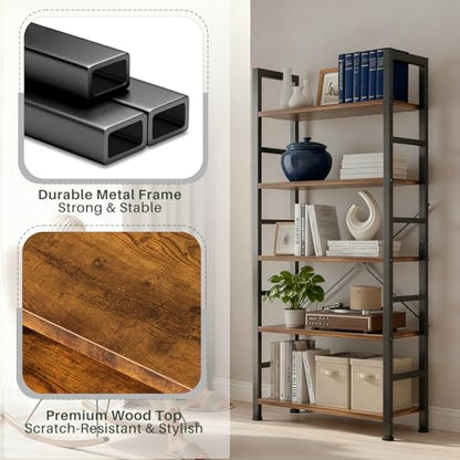 5 Tier Bookshelf, Free Standing Wooden Bookcase with Open Storage Shelves with Metal Frame, Sturdy Shelf Organization Display Rack for Living Room, Bedroom, Home Office, 62.2" Tall, Brown