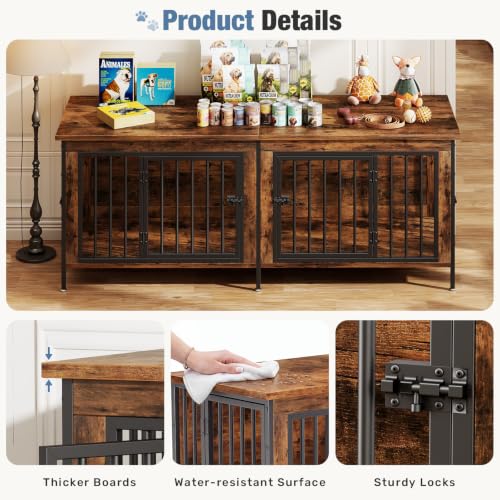 63" Dog Crate Furniture for 2 Dogs with Divider, Rustic Brown, view 4