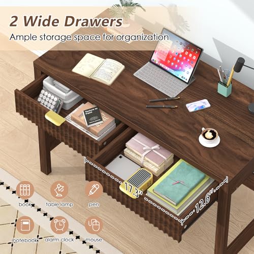 Fluted Computer Desk with 2 Drawers, 39 Inch Small Computer Desk with Storage, Compact Writing Study Desk for Small Spaces, Walnut