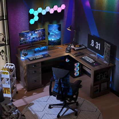 Executive L Shaped Desk with Monitor Stand, 59 inch Farmhouse Corner Computer Desk with Power Outlets & LED Lights, Home Office Desk with File Cabinet for Working Gaming Writing, Dark Walnut