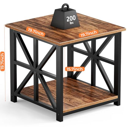 19.7 inch End Table with 2-Tier Storage Shelf for Living Room | Rustic Side Table for Bedroom,Sturdy X-shaped Metal Frame Nightstand,Scratch-resistant Sofa Table,Waterproof Top,Walnut