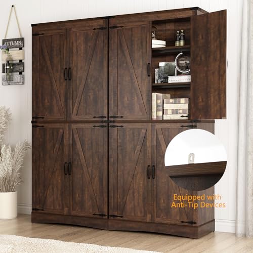 71" Tall Kitchen Pantry,Farmhouse Storage Cabinet with Adjustable Shelves,Load-Bearing Steel Pipe,Farmhouse Pantry Cabinet with 4 Barn Doors, for Kitchen,Dining Room,Living Room(Brown)