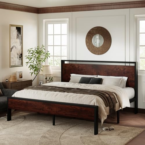 King Size Bed Frame, Heavy Duty 12 Metal Slats Support, Mahogany, view 4