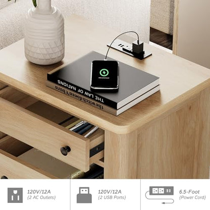 4 Piece Bedroom Set - Includes Farmhouse 3 Drawer Storage Cabinet, Set of 2 Bedside Tables with Charging Station, Dresser and Nightstand Sets, Oak