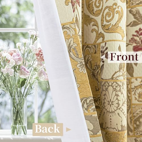 Damask Patchwork Curtains for Bedroom, Beige Yellow Lined Jacquard Curtains 2 Panels with Tiebacks, Window Curtain for Living Room Banquet Halloween Decor, Rod Pocket(52”x 84”, 2 Panels)