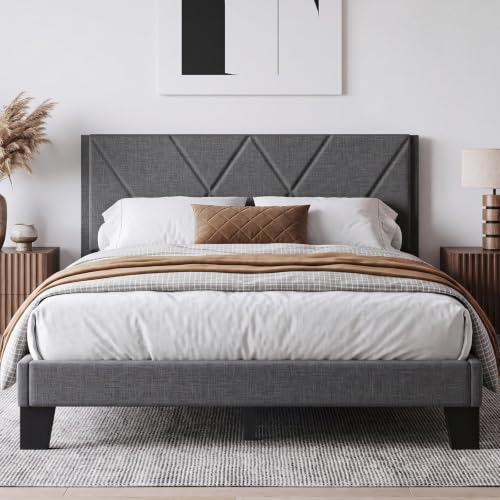 Queen Platform Bed Frame with Upholstered Headboard, Gray, view 3
