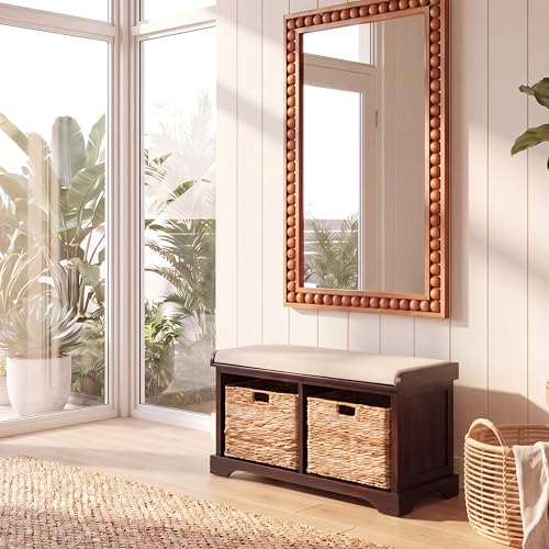 SAFAVIEH Furniture - Freddy 2-Basket Storage Bench - Brown - Solid Wood - Coastal Basket Storage Design - Ideal for Entryway, Living Room, Hallway, 18" Seat Height - Fully Assembled (AMH5736A)