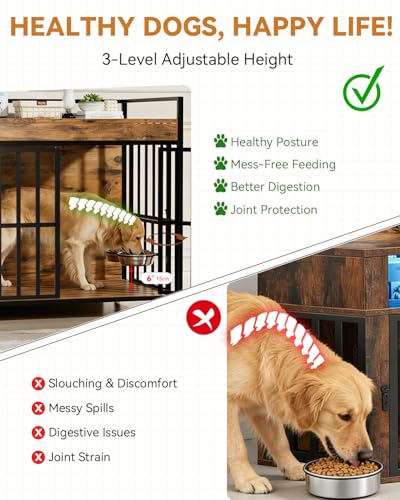 Heavy Duty Large Dog Crate Furniture with 360° Rotatable Bowls & Wheels, view 7