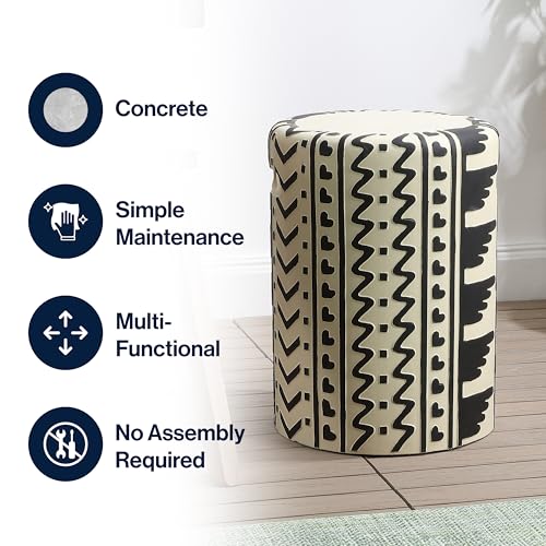 Yoli 18" Geometric Concrete Drum Garden Stool, Black/Cream | Weatherproof Accent Side Table, Indoor Outdoor Versatility, Modern Bohemian Minimalist Style, Integrated Handles