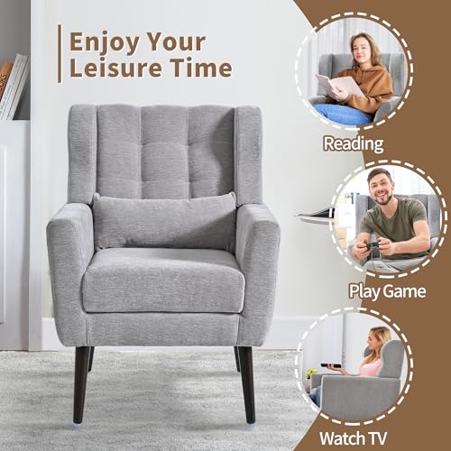 Modern Accent Chair, Upholstered Arm Chair with Waist Pillow, Single Sofa Chair for Living Room Bedroom Small Spaces (Light Gray)